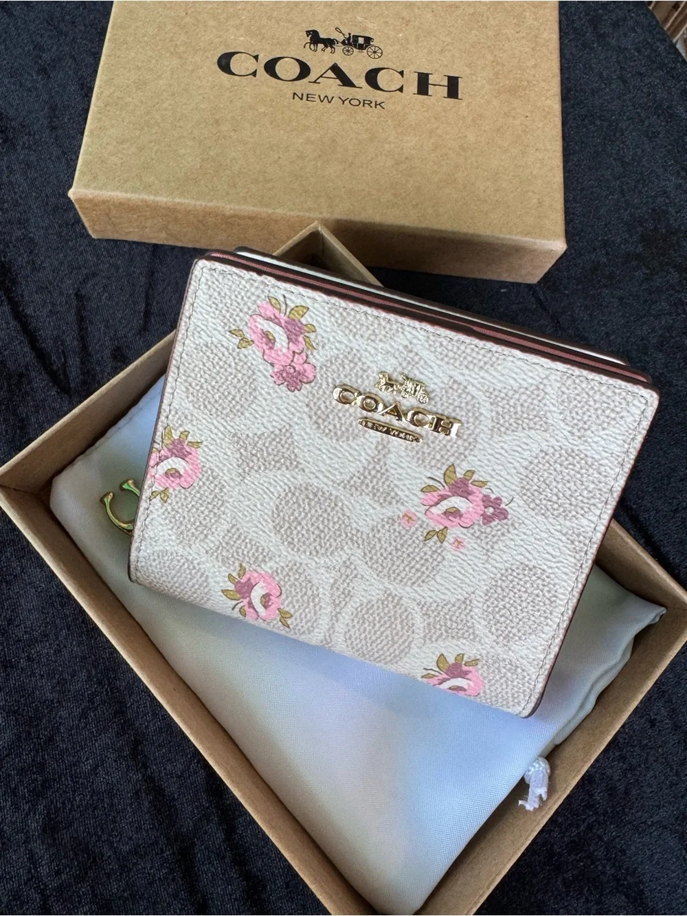 COACH Pink Floral Signature Compact Wallet in Cream